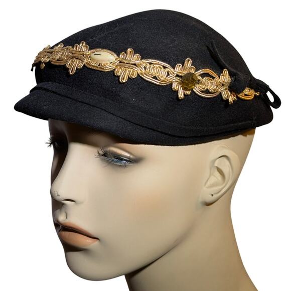 Vintage 50s Glentover Henry Pollak Black Wool Newsboy Cap Gold Trim Hat PinUp main image 4